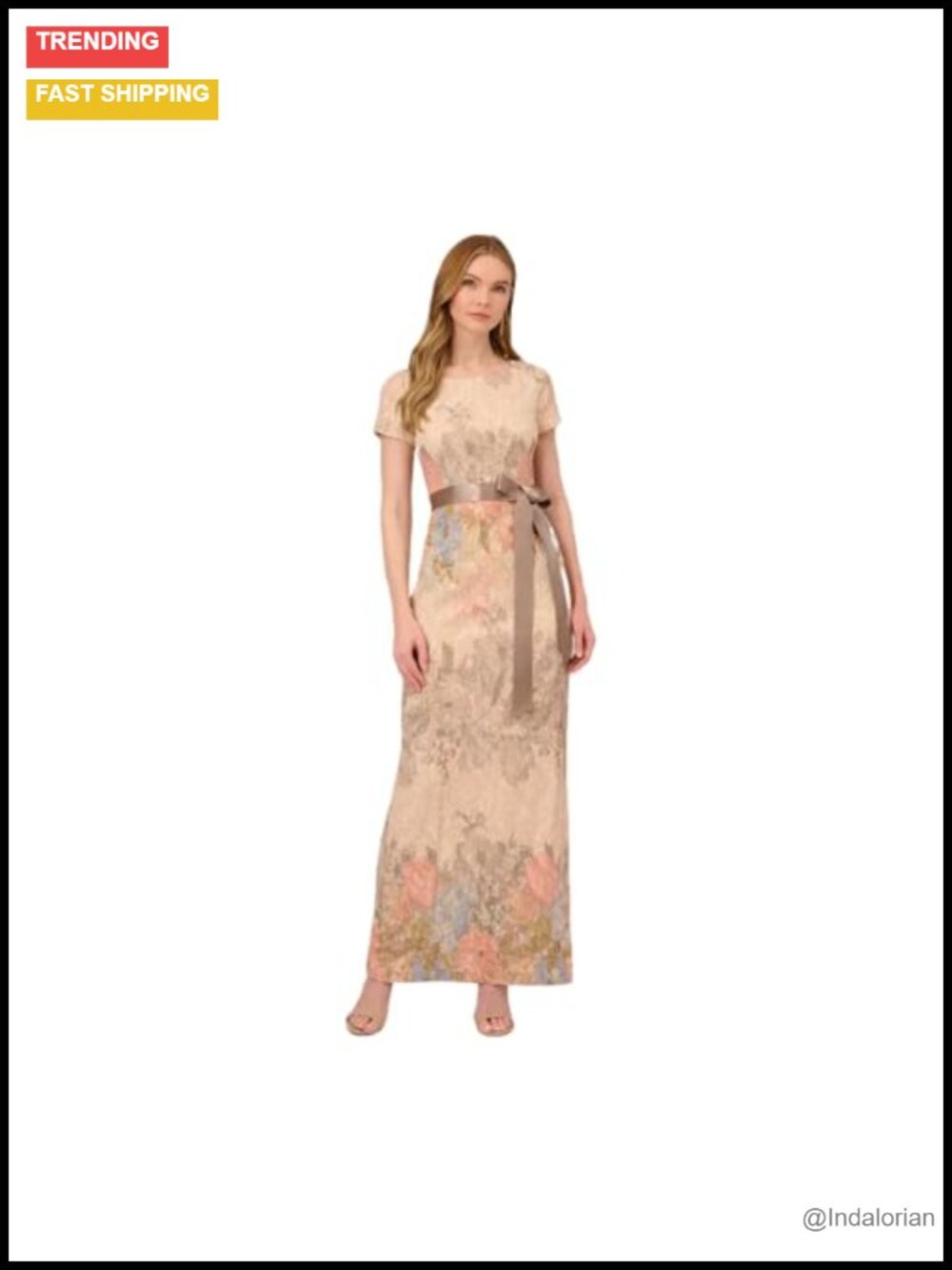 Adrianna Papell Floral Matelassé Column Gown, Metallic Accents, Back Slit, Cap